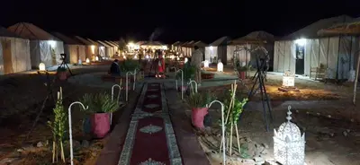 a garden at night with potted plants and lights at Abdo Luxury Camp with Heating in Merzouga
