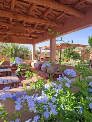 a patio with a couch and some blue flowers at Maison d'hôtes Tigminou - Adults Only in Aït Ben Haddou