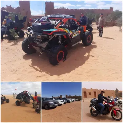 a group of four pictures of a four wheeler parked in the desert at Auberge Dinosaur Kem Kem in Tafraoute Sidi Ali