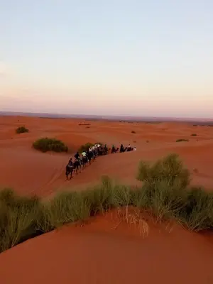 a group of people riding horses through the desert at Merzouga Ana luxury Camp in Merzouga