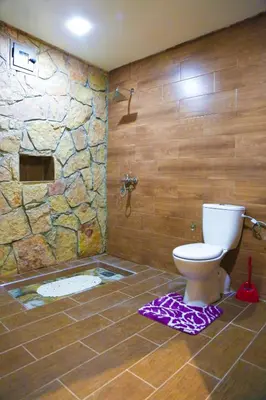 a bathroom with a toilet and a stone wall at Issli appartment climatisé hiver et été in Azrou