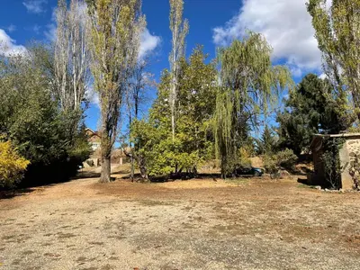a field with trees and a house in the background at Gîte Camping Amazigh in Azrou