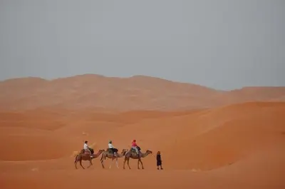 a group of people riding horses in the desert at Riad Moha in Merzouga