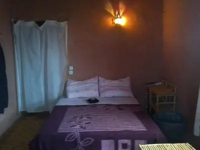 a bedroom with a bed with a cat sitting on it at auberge restau tombouctou in Aït Ben Haddou