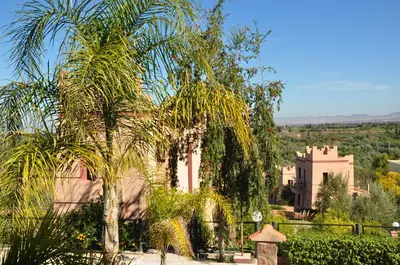 a palm tree in front of a building at Le Beau Site Ourika in Aghmat