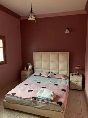 a bedroom with a large bed with pink walls at Ferme fes in Fès