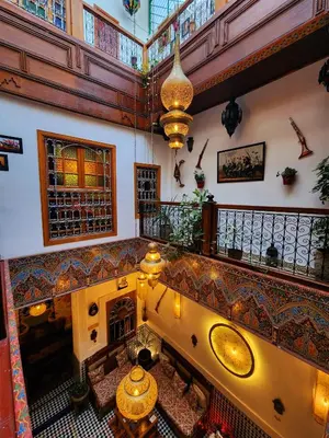 an overhead view of a building with a fireplace at Riad Dar Kassim in Fès