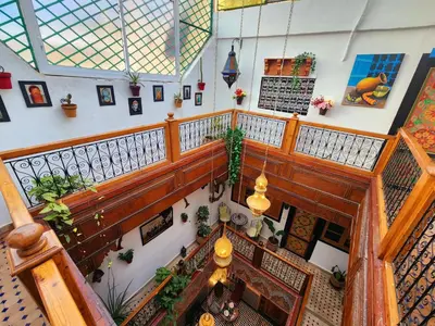 an overhead view of the lobby of a building at Riad Dar Kassim in Fès