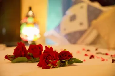 a couple of red roses sitting on top of a table at Riad Dar Kassim in Fès