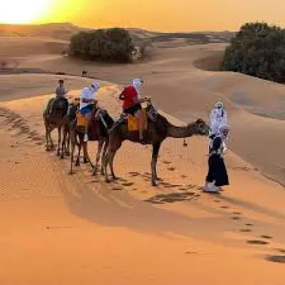 a group of people on camels in the desert at Les Pyramides Hotel Merzouga in Merzouga