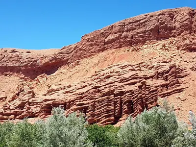a rocky mountain with trees in front of it at Auberge Kasbah Ait Marghad in Tamellalt