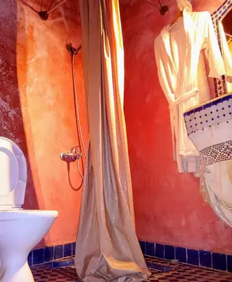 a shower curtain in a bathroom with a toilet at Riad Rchacha in Fès