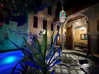 a house with a swimming pool and a plant at Riad Layalina Fes 7 Chambres & 18 Personnes Piscine, Parking, Vue & Wifi au Pied Medina in Fès