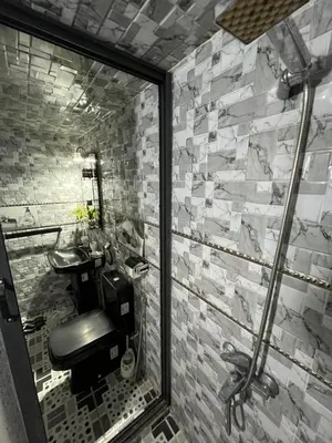 a bathroom with a shower with a toilet and a sink at Riad Abqari Youssefi in Fès