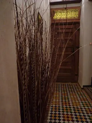 a hallway with a wooden door and a tiled floor at DAR SEFFAH au cœur de la Médina in Fès