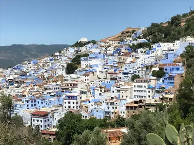 a group of blue and white buildings on a hill at DAR SEFFAH au cœur de la Médina in Fès