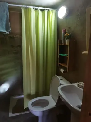a bathroom with a green shower curtain and a toilet at Gîte Mourik in Aghbala