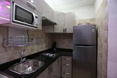 a kitchen with a stainless steel refrigerator and a sink at APPARTEMENT AMIRA iFRANE in Ifrane
