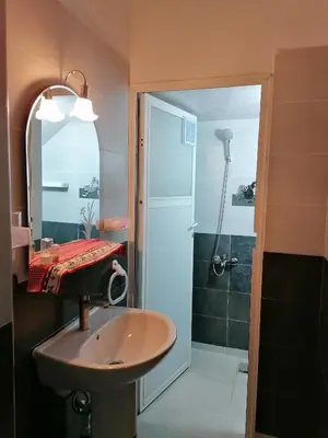 a bathroom with a sink and a shower at Le bel abri in Meknès