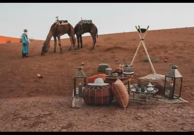 a desert with a table and a camel in the desert at Sunshine luxury tent in Merzouga