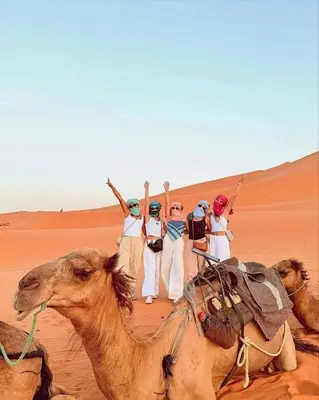 a group of people riding on the backs of camels in the desert at Bivouac beauté du désert in Mhamid