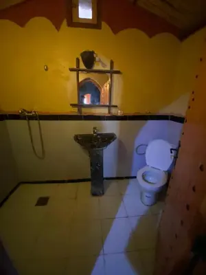a bathroom with a toilet and a sink with a fireplace at Apartement Rachid in Merzouga