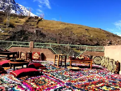 a large carpet of flowers on the ground in front of a mountain at Gite entre les Vallées in Tacheddirt