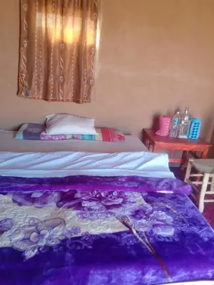 a bed with a purple blanket on top of it at Titanic hôtel restaurant & désert excursions lac irik in Foum Zguid