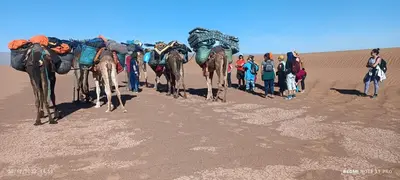 a group of people walking in the desert with camels at Titanic hôtel restaurant & désert excursions lac irik in Foum Zguid