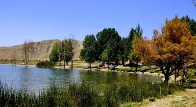 a river with trees and mountains in the background at Chateau Imilchil in Imilchil