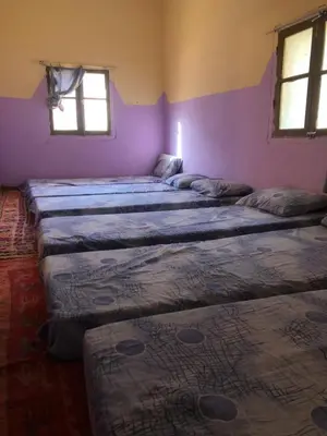 three beds in a room with purple walls and windows at Gite La belle vue Timichi in Timichi