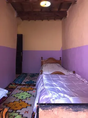 a bedroom with a bed with purple walls at Gite La belle vue Timichi in Timichi