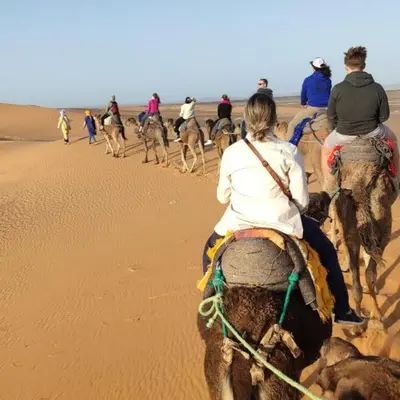 a group of people riding camels in the desert at Riad Hassi Labied Merzouga in Merzouga