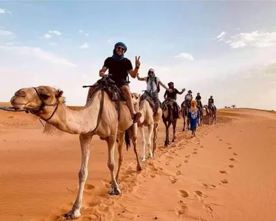 a group of people riding on camels in the desert at Erg Chegaga Camp Excursions in Mhamid