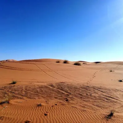 a desert with sand dunes and a blue sky at ERG MERZOUGA SAHARA CAMP in Merzouga