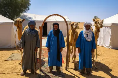 a group of people standing in front of camels at ERG MERZOUGA SAHARA CAMP in Merzouga