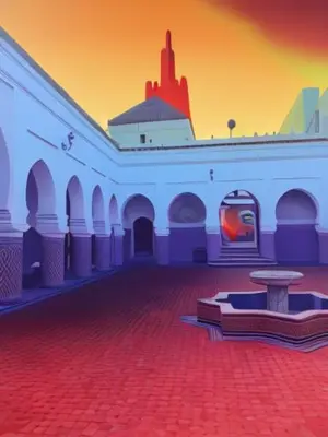 a painting of a building with a table in the middle at Bejaad in Boujad
