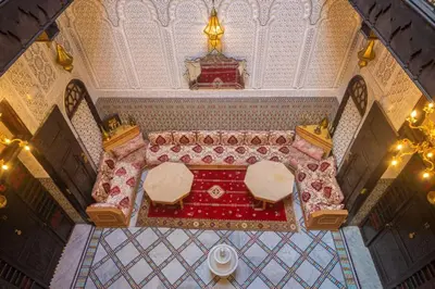 an overhead view of a room with a table and chairs at Riad Farouzi Fes in Fès