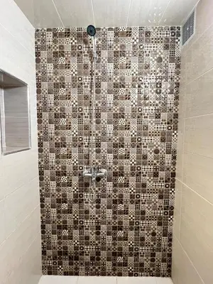 a bathroom with a shower with a tile wall at Appartement calme à Fès in Fès