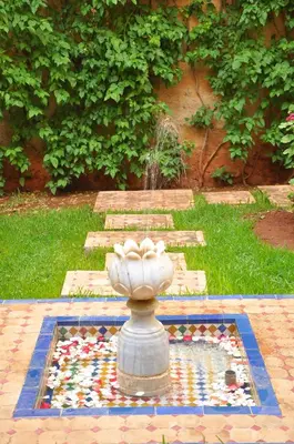 a fountain in the middle of a garden at Riad Au 20 Jasmins in Fès