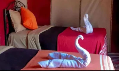two beds with white swans on them in a room at Your journey starts here in Merzouga