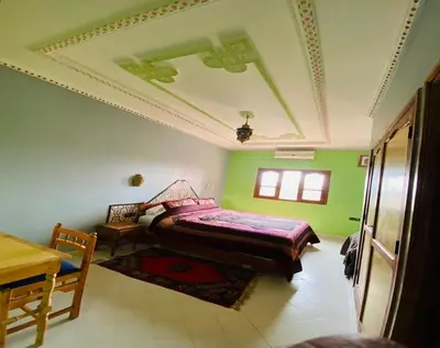 a bedroom with a bed in a room with green walls at La Perle Du Drâa in Zagora