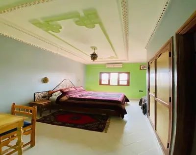 a bedroom with a bed and green walls and a ceiling at La Perle Du Drâa in Zagora