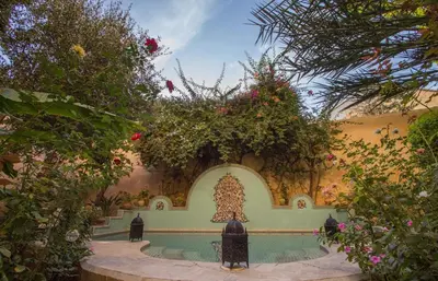 a pool in the middle of a building with flowers at Riad Norma in Fès
