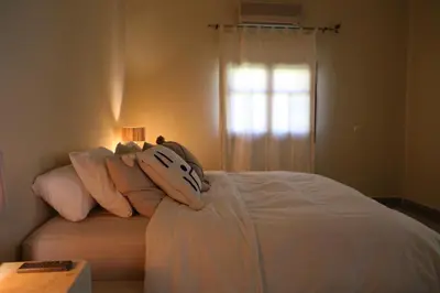 a bedroom with a bed with pillows and a window at Kasbah des cyprès in Skoura
