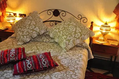 a bedroom with a bed with pillows and two lamps at Dar Aliane in Fès