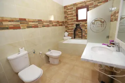 a bathroom with a toilet and a sink and a tub at Kasbah Tizimi in Erfoud