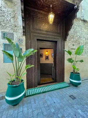 two plants in pots in front of a doorway at Riad Zamane Fès - Boutique & Spa in Fès