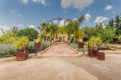 a mansion with a driveway with palm trees and a gate at Riad le Ksar de Fes in Ain Cheggag