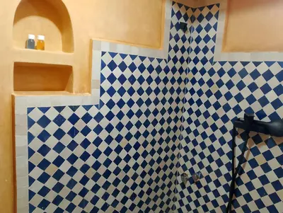 a bathroom with a blue and white checkered wall at Hotel Riad Oasis in Merzouga